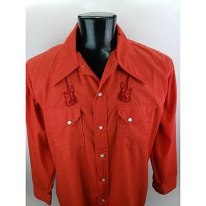 Vintage 60s Western Pearl Snap Shirt Embroidered Guitars XL Slim 17.5 Music City